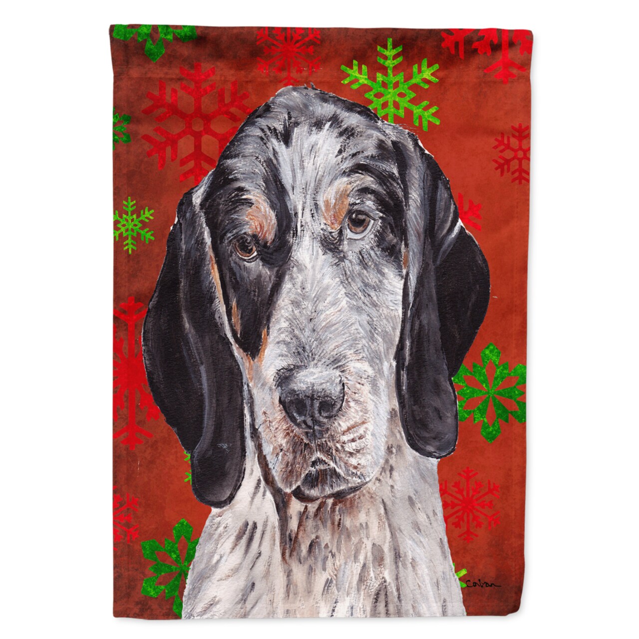 Caroline&#x27;s Treasures Blue Tick Coonhound Red Snowflakes Holiday Garden Flag